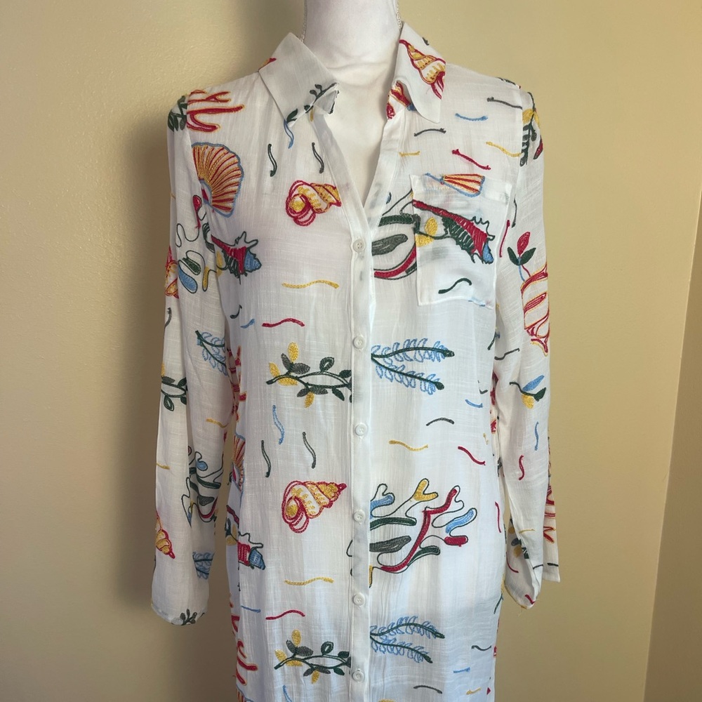 Coastal Embroidered Beach Cover Up Midi Shirt Dress Ocean Theme Lemons Resort S - Picture 2 of 14